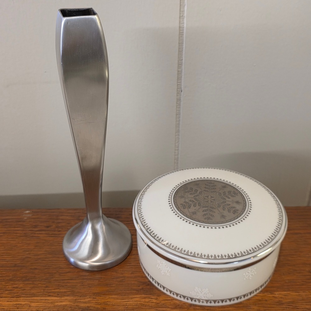 Vintage Mikasa Winter Trinket Dish & Hanson Stainless Steel Vase Square Modern